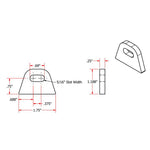 A CNC laser cut drawing showing the dimensions of TC Bros' Weld On Steel Mounting Tabs Style 5, a small piece of American made metal.