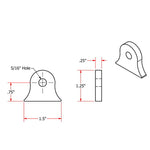 A vintage look drawing showing the dimensions of TC Bros. Weld On Steel Mounting Tabs Vintage Style 6, an American made metal bracket with mounting tabs.