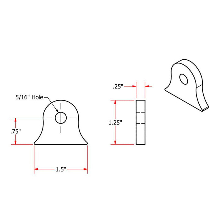 A vintage look drawing showing the dimensions of TC Bros. Weld On Steel Mounting Tabs Vintage Style 6, an American made metal bracket with mounting tabs.