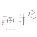 A vintage look drawing showing the dimensions of TC Bros. Weld On Steel Mounting Tabs Vintage Style 6, an American made metal bracket with mounting tabs.