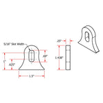 A TC Bros. vintage, heavy duty drawing showing the dimensions of a Weld On Steel Mounting Tabs Vintage Style 8 bracket.
