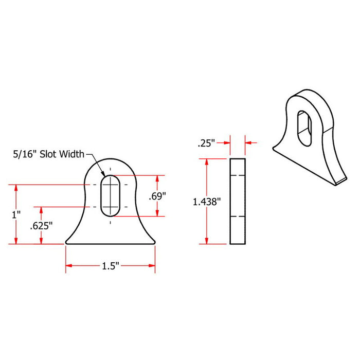 A TC Bros. vintage, heavy duty drawing showing the dimensions of a Weld On Steel Mounting Tabs Vintage Style 8 bracket.