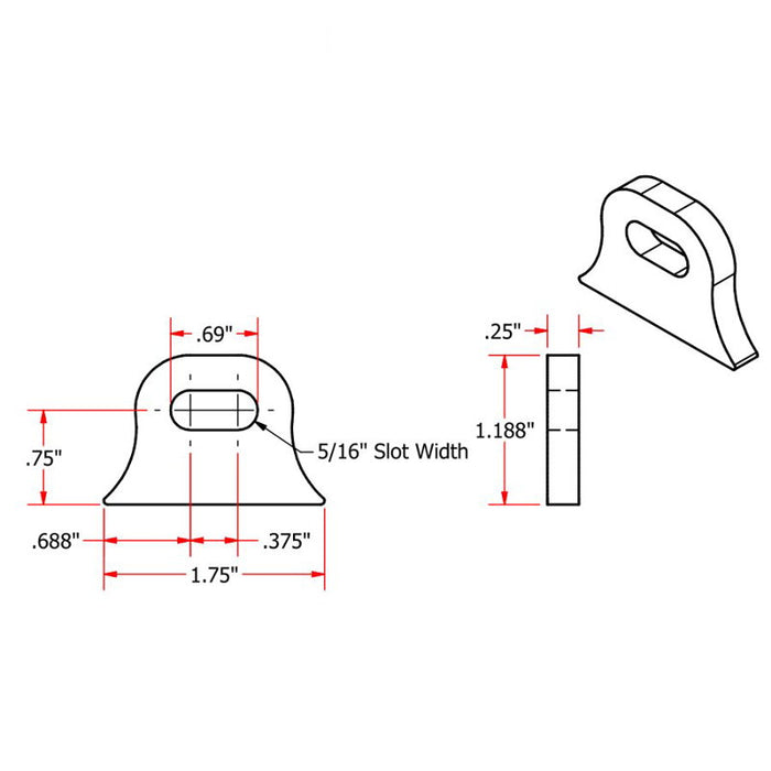 A drawing showing the dimensions of a Weld On Steel Mounting Tabs Vintage Style 9 by TC Bros bracket.