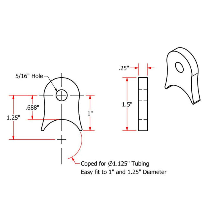 A drawing showing the dimensions of a heavy duty TC Bros American made teflon tab style Weld On Steel Mounting Tabs Vintage Style 