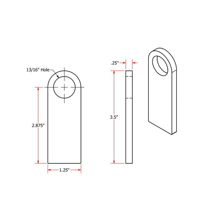 A drawing showing the dimensions of a universal fit door handle, with Heavy Duty Rubber Mounting Straight Tab by TC Bros. tabs.