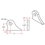 A drawing showing the dimensions of a American made TC Bros. mild steel metal bracket with TC Bros. Weld On Steel Brake Stay or Mounting Tab mounting tabs.