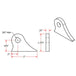 A drawing showing the dimensions of a American made TC Bros. mild steel metal bracket with TC Bros. Weld On Steel Brake Stay or Mounting Tab mounting tabs.