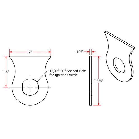 A drawing showing the dimensions of a Weld On 13/16 Ignition Switch Mounting Tab by TC Bros.