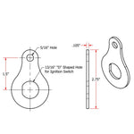 A drawing showing the dimensions of a Bolt On 13/16 Ignition Switch Mounting Tab by TC Bros. metal hook for installation.