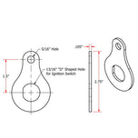 A drawing showing the dimensions of a Bolt On 13/16 Ignition Switch Mounting Tab by TC Bros. metal hook for installation.