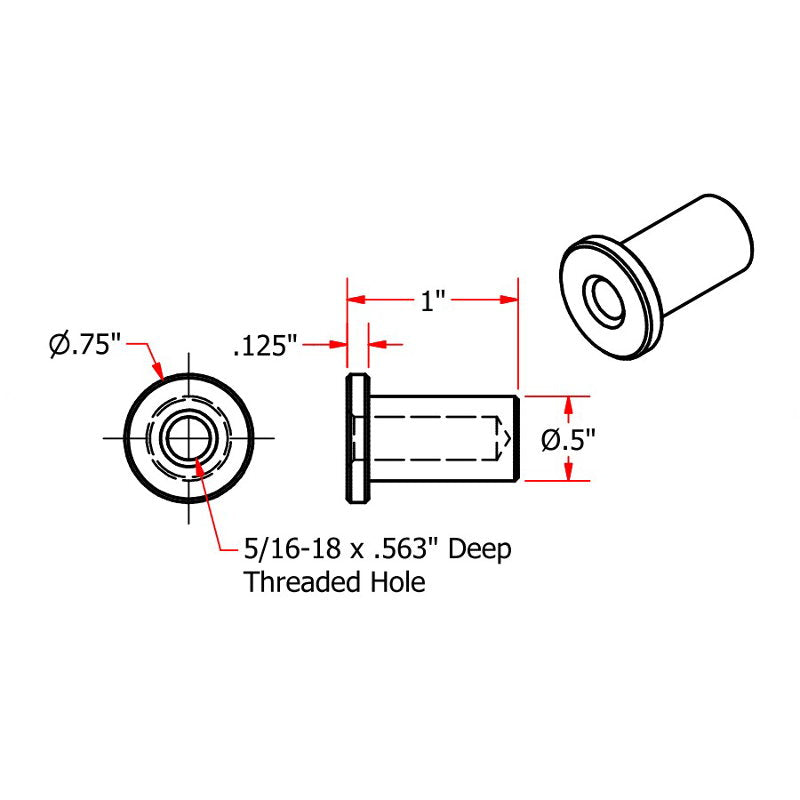 A diagram showing the dimensions of TC Bros.' Tophat Style Blind Threaded 5/16-18 Steel Bungs for mounts or bungs.