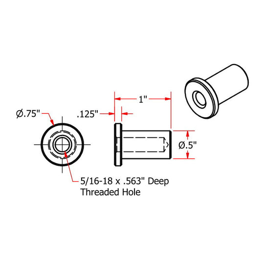 A diagram showing the dimensions of TC Bros.' Tophat Style Blind Threaded 5/16-18 Steel Bungs for mounts or bungs.