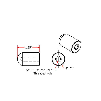 A drawing showing the dimensions of a threaded hole for blind threaded Radius Style Threaded 5/16-18 Short Length Steel Bungs by TC Bros by TC Bros.