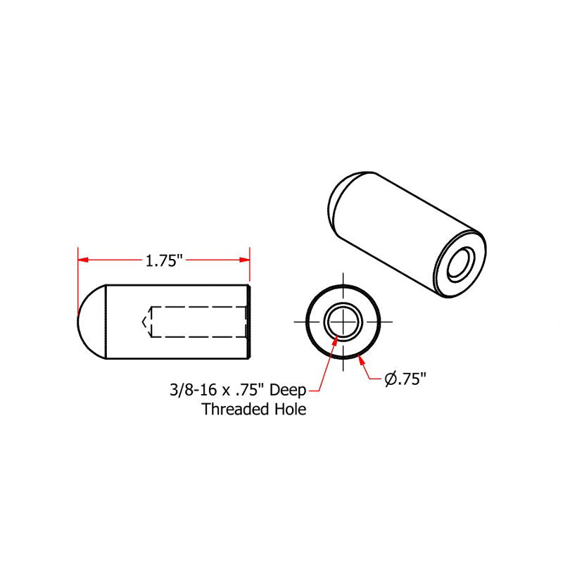 A drawing showing the dimensions of a threaded rod with TC Bros's Radius Style Threaded 3/8-16 Long Length Steel Bungs, ensuring a professional quality and clean finished appearance.