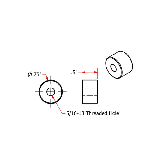 Technical diagram of TC Bros. Mounting Bungs—0.75" diameter, 0.5" length, 5/16-18 threaded hole—ideal for motorcycle fabrication projects.