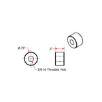 Technical diagram of TC Bros. Mounting Bungs—0.75" diameter, 0.5" length, 5/16-18 threaded hole—ideal for motorcycle fabrication projects.