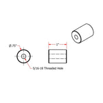 Technical diagram of TC Bros. Mounting Bungs—0.75" diameter, 0.5" length, 5/16-18 threaded hole—ideal for motorcycle fabrication projects.