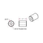 Technical diagram of TC Bros. Mounting Bungs—0.75" diameter, 0.5" length, 5/16-18 threaded hole—ideal for motorcycle fabrication projects.