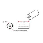 Technical diagram of TC Bros. Mounting Bungs—0.75" diameter, 0.5" length, 5/16-18 threaded hole—ideal for motorcycle fabrication projects.