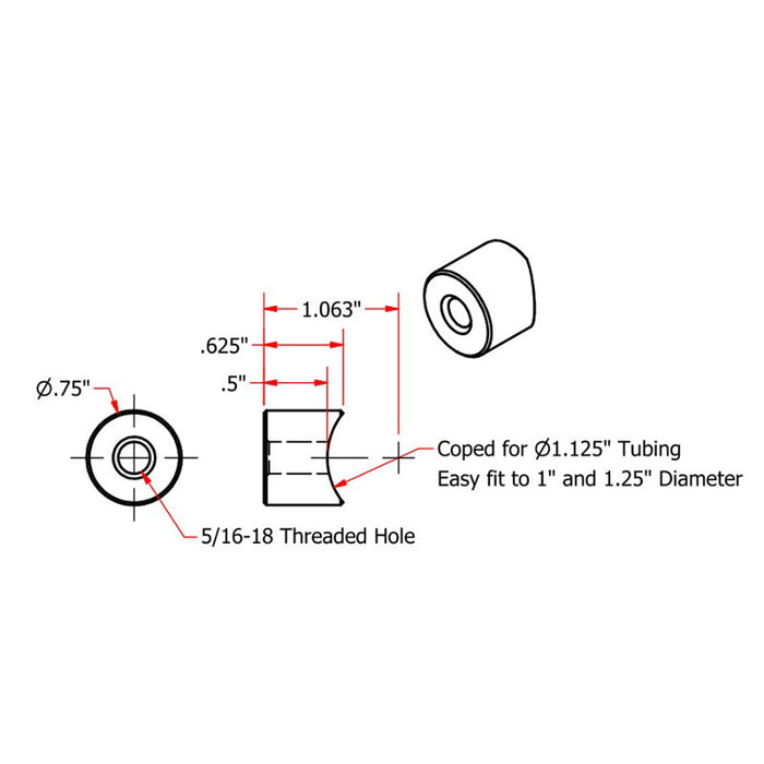 A drawing showing the dimensions of a TC Bros. American-made Coped Steel Bungs 5/16-18 Threaded 1/2 inch Long threaded rod.