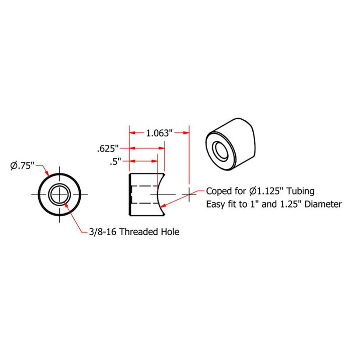 A diagram showing the dimensions of a threaded hole for TC Bros Coped Steel Bungs 3/8-16 Threaded 1/2 inch Long.