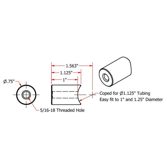 A diagram showing the dimensions of TC Bros Coped Steel Bungs 5/16-18 Threaded 1 inch Long made from cold rolled steel.