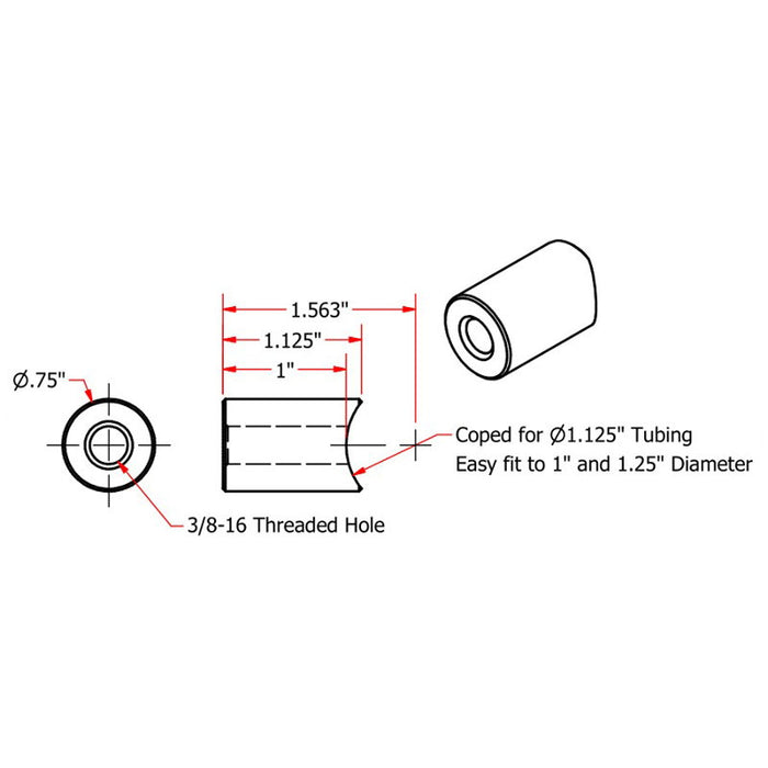 A diagram showing the dimensions of TC Bros Coped Steel Bungs 3/8-16 Threaded 1 inch Long