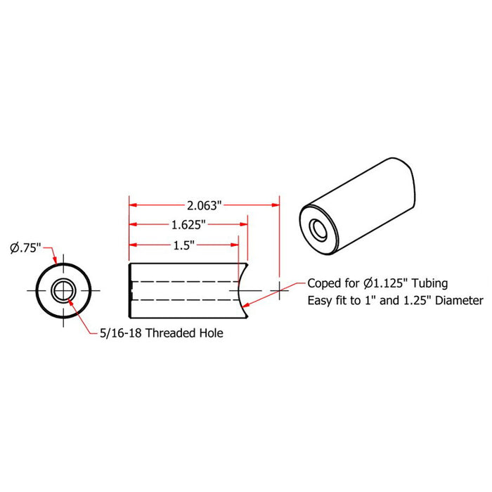 A diagram showing the dimensions of TC Bros Coped Steel Bungs 5/16-18 Threaded 1-1/2 inch Long.