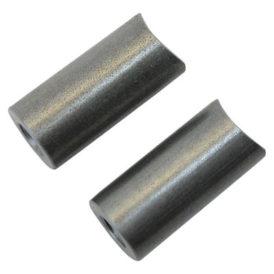 A pair of gray metal tubes, Coped Steel Bungs 3/8-16 Threaded 1-1/2 inch Long by TC Bros., on a white background.