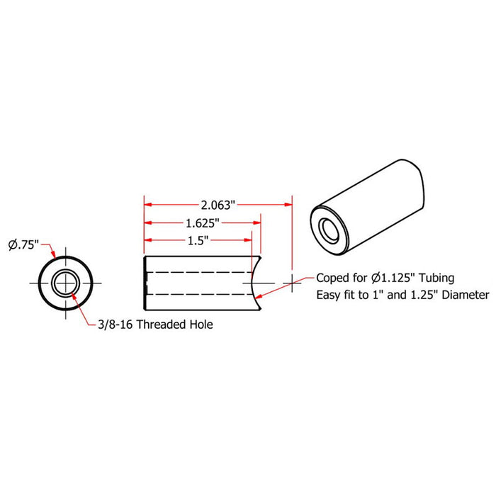 A drawing showing the dimensions of TC Bros Coped Steel Bungs 3/8-16 Threaded 1-1/2 inch Long tube.