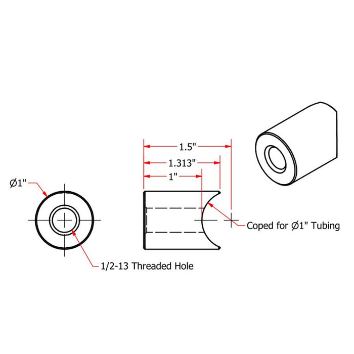 A drawing showing the dimensions of a TC Bros Coped Steel Handlebar Riser Bungs 1/2-13 Threaded used for mounting.