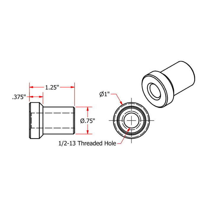 A drawing illustrating the dimensions of a TC Bros Steel Handlebar Internal Riser Bungs 1/2-13 Threaded.