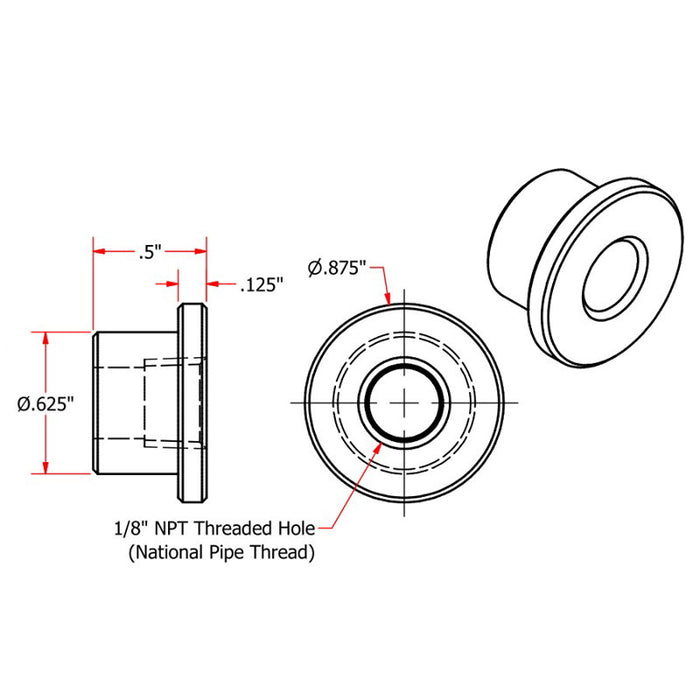 A drawing showing the dimensions of an American threaded hole for oil tank fittings, specifically the 1/8 NPT Steel Weld In Bungs by TC Bros.