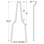 A diagram showing the installation measurements of a TC Bros. Kickback DIY Sissy Bar Kit.