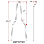 A diagram showing the installation measurements of a TC Bros. Kickback DIY Sissy Bar Kit.