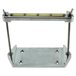 The LC Fabrications Bare Naked Battery Box, by LC Fabrications, features a machined aluminum build with a rectangular base, adjustable upright rod, and wingnut clamp—ideal for custom applications and shown on a white background.
