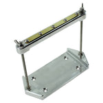 The LC Fabrications Bare Naked Battery Box, by LC Fabrications, features a machined aluminum build with a rectangular base, adjustable upright rod, and wingnut clamp—ideal for custom applications and shown on a white background.