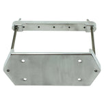 The LC Fabrications Bare Naked Battery Box, by LC Fabrications, features a machined aluminum build with a rectangular base, adjustable upright rod, and wingnut clamp—ideal for custom applications and shown on a white background.