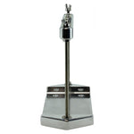 The LC Fabrications Bare Naked Battery Box, by LC Fabrications, features a machined aluminum build with a rectangular base, adjustable upright rod, and wingnut clamp—ideal for custom applications and shown on a white background.