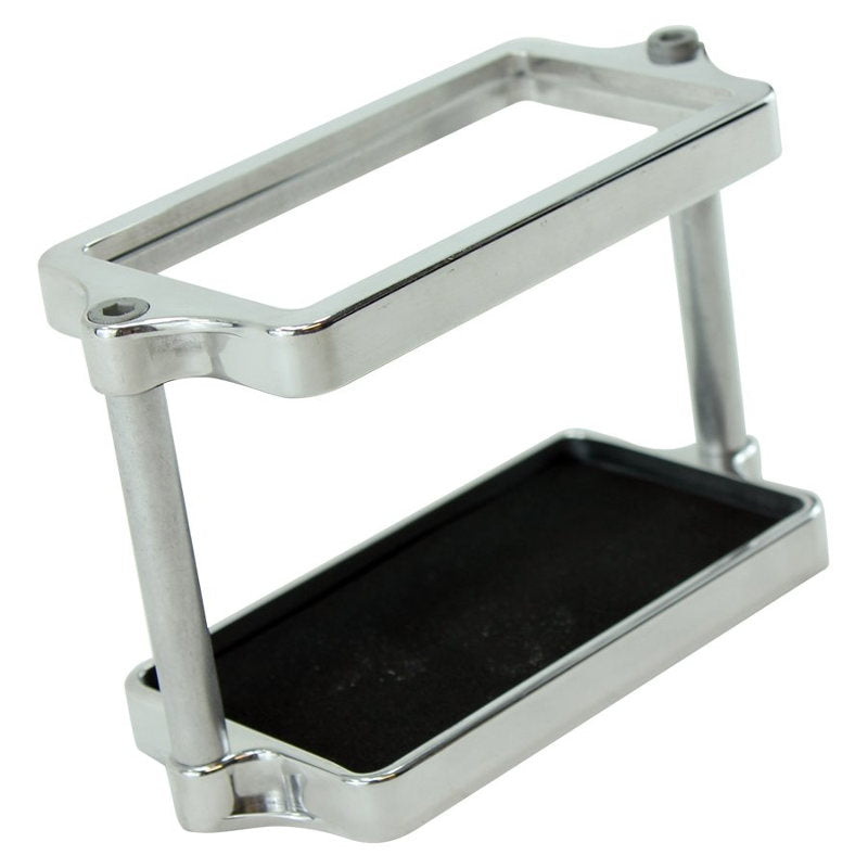 An LC Fabrications holder with a black tray on it.