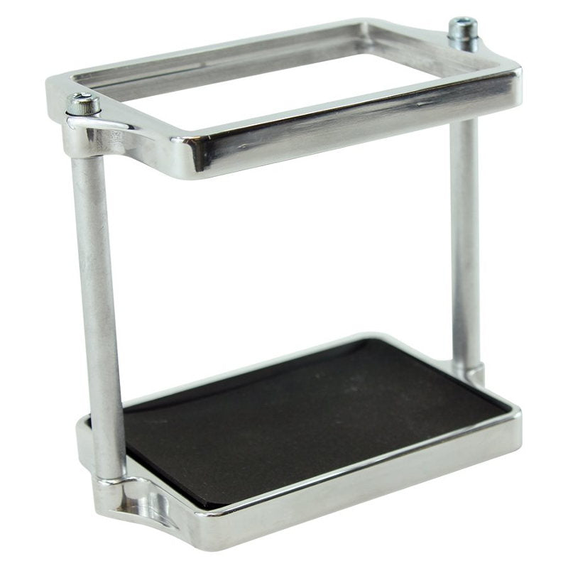 A LC Fabrications chrome battery box holder with a black tray.