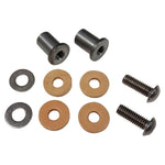 The TC Bros. Universal Frisco Gas Tank Mounting Kit includes two metal bolts, two metal washers, four tan washers, and two cylindrical tophat bungs spacers, all from TC Bros., displayed on a white background.