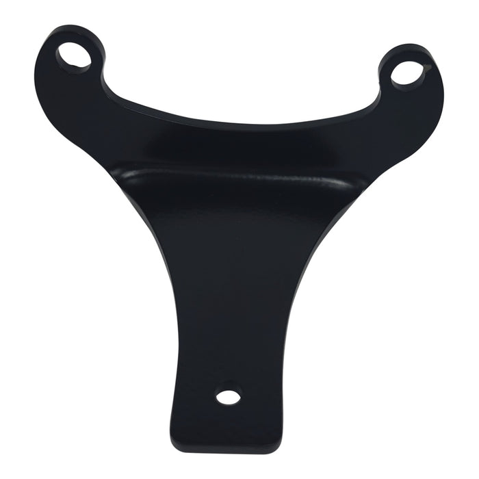 The TC Bros. Ignition Switch Relocation Bracket for 2004-2009 Harley Sportster is a black metal bracket made from American-made steel. It features a triangular shape with a single hole at its narrow end and two holes at its wider end, specifically designed for mounting and ideal for ignition switch relocation on custom Sportsters.