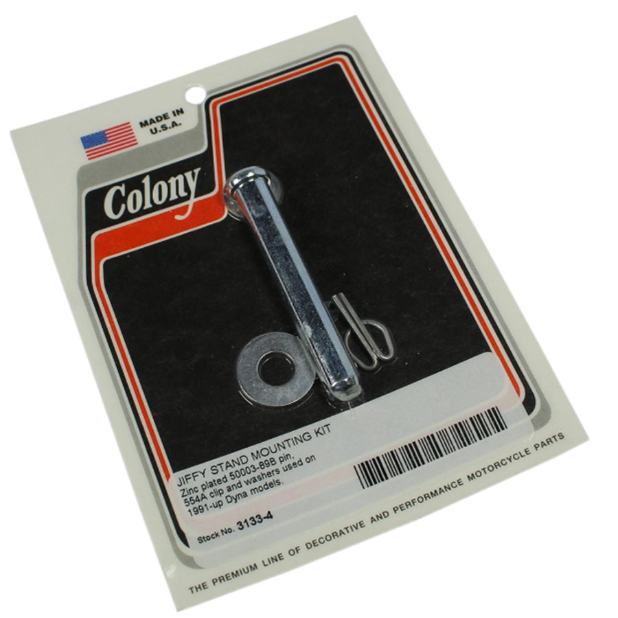 A package with a Colony Machine Jiffy/Kick Stand Mounting Hardware Kits - 99-17 Dyna zinc plated screw and nut on it.