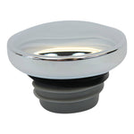 Two Moto Iron® Screw-in Fuel Caps for Harley-Davidson and Custom, one matte and one chrome, each with ribbed silicone inserts, are displayed against a white background.