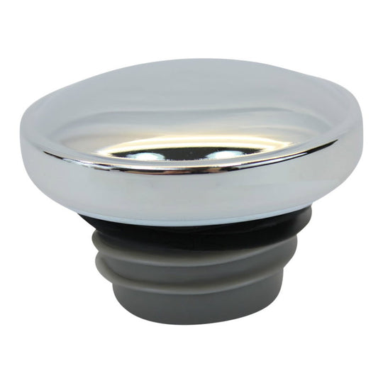Two Moto Iron® Screw-in Fuel Caps for Harley-Davidson and Custom, one matte and one chrome, each with ribbed silicone inserts, are displayed against a white background.