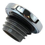 Two Moto Iron® Screw-in Fuel Caps for Harley-Davidson and Custom, one matte and one chrome, each with ribbed silicone inserts, are displayed against a white background.