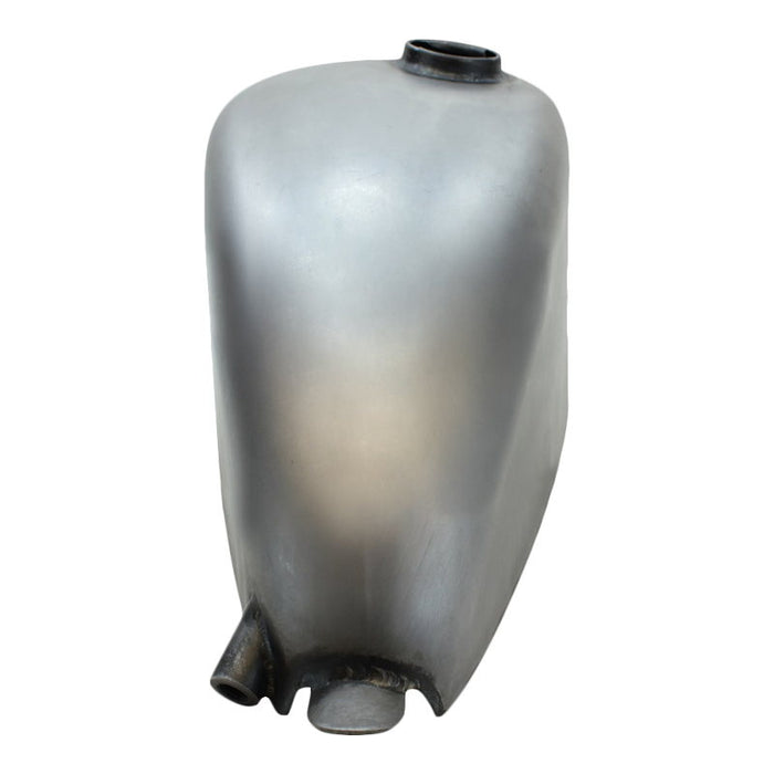 A silver Moto Iron® 2.1gal Narrow Sportster Frisco Style Bobber Gas Tank, on a white background.