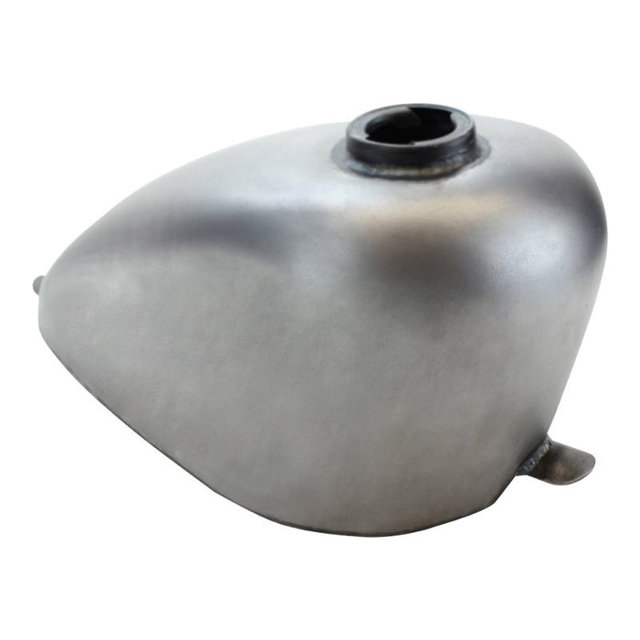 A silver Moto Iron® 2.1gal Narrow Sportster Frisco Style Bobber Gas Tank on a white background.