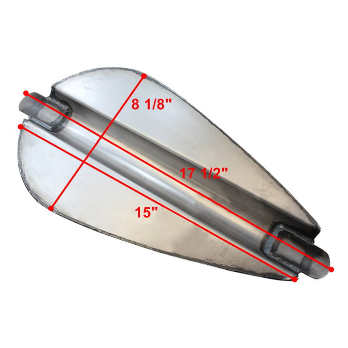 A Moto Iron® 2.1gal Narrow Sportster Frisco Style Bobber Gas Tank with measurements for a boat and a gas tank.